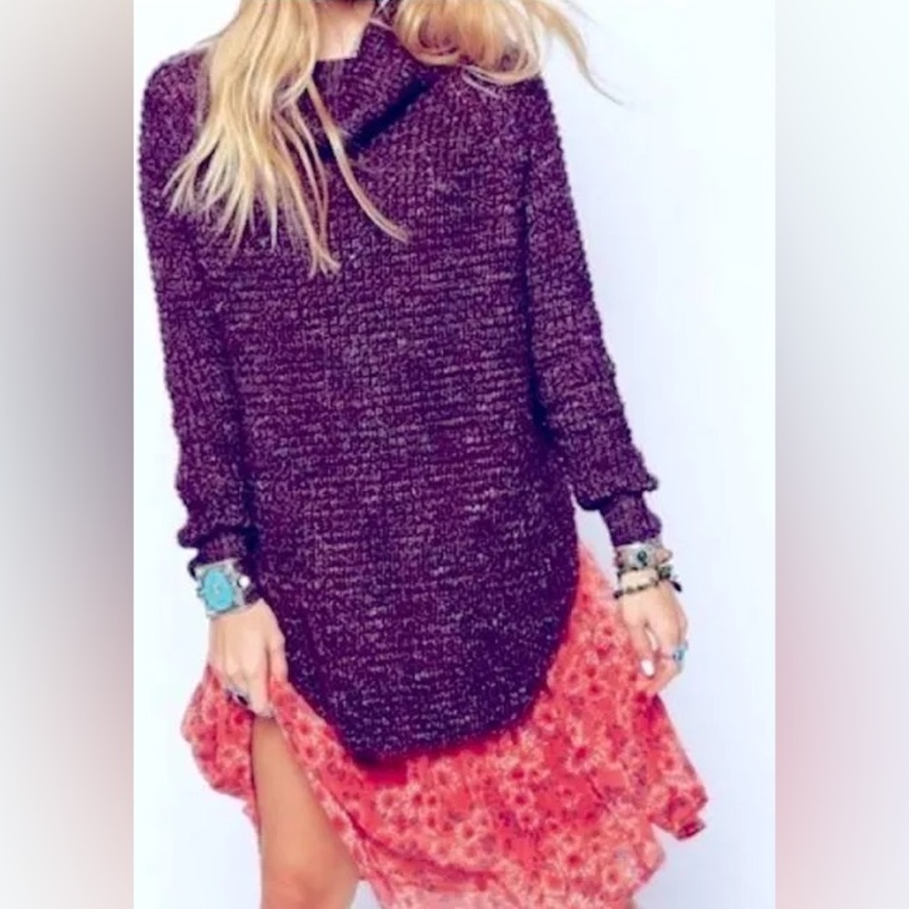 Free People Purple Dylan Tweedy Turtleneck Sweater Round Hem Wool Blend Size S